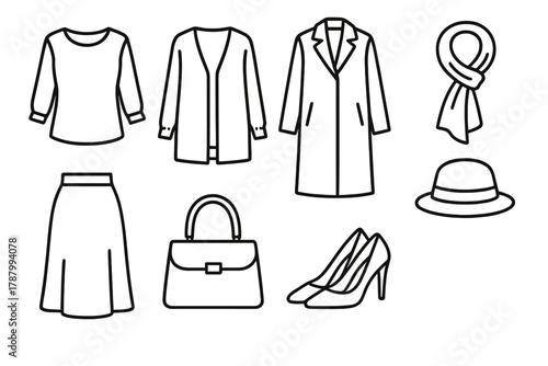 Fashion Icon Set. Stylish Layering Set linear icon set: blouse, cardigan, overcoat, skirt, scarf, handbag, heels, hat.