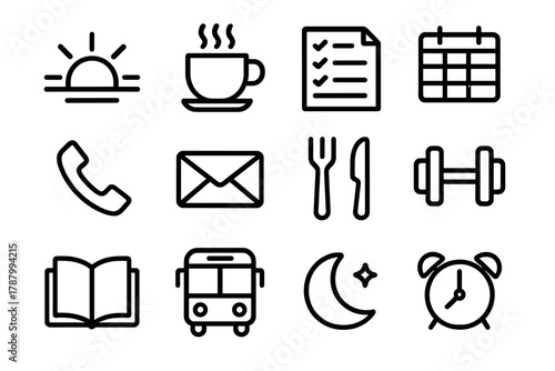 Daily Icons Overview. Daily Agenda linear icon set: sunrise, cup of coffee, to-do list, time slot grid, phone call, email envelope, lunch fork and knife, gym dumbbell, book,