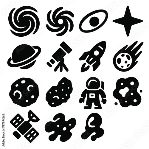 Cosmic Icon Collection. Cosmic Vortex silhouette icon set: black hole, galaxy, orbit path, star, planet, telescope, rocket, comet, asteroid, satellite, astronaut, nebula.
