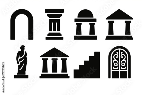 Brutalist Classical Icons. Classical Architecture silhouette icon set: arch, column, dome, pediment, statue, temple, staircase, ornate door.