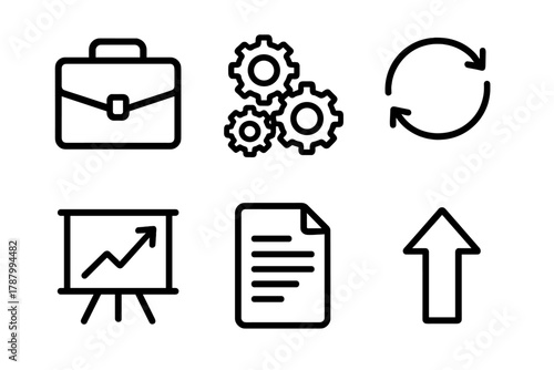 Business Change Icons. Business change management linear icon set: briefcase, gears, arrows in circle, chart board, document, upward arrow.