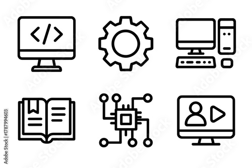 Technical Training Icons. Technical Training linear icon set: coding screen, gear icon, computer setup, software manual, circuit board, learning module.