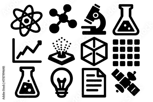Brutalist Science Icons. Scientific Theories silhouette icon set: atom, molecular model, microscope, lab flask, graph chart, hologram, 3D cube, data grid, test tube, light bulb,