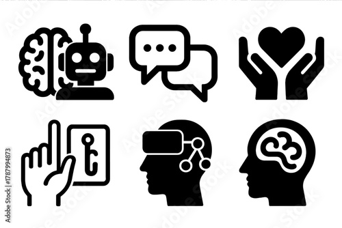 Human-AI Interaction Icons. Human-AI Interaction silhouette icon set: brain and robot, conversation bubble, empathy icon, collaboration nodes, gesture control, cognitive interface.