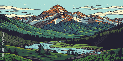 A beautiful view of the snow-capped mountains above, surrounded by greenery below.