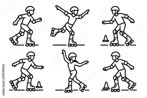 Roller Skating Icons. Roller Skating linear icon set: rollerblades, helmet, knee pads, smooth pavement, dance pose, cones.