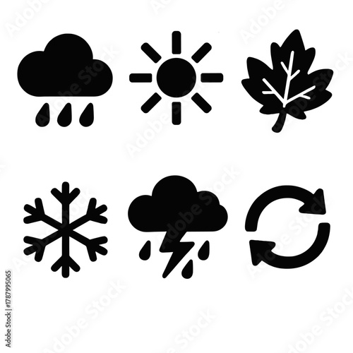 Brutalist Weather Icons. Seasonal Weather Patterns silhouette icon set: spring rain, summer sun, autumn leaf, winter snowflake, storm icon, cycle arrows.