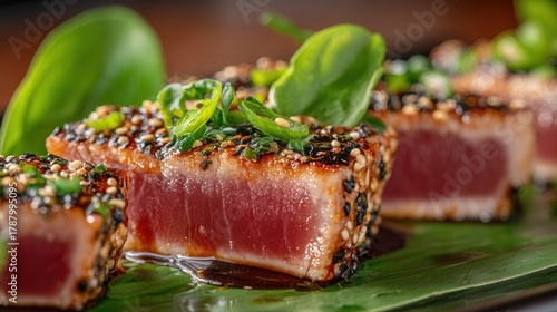 Close-up of seared tuna tataki topped with sesame seeds, scallions, and glaze on a green leaf, showcasing gourmet seafood, realistic textures, warm natural lighting, modern food photography style