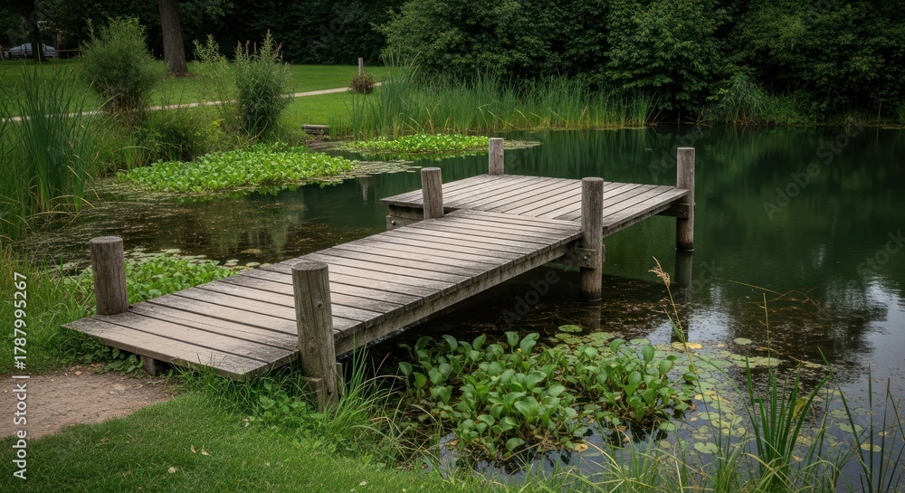 Fototapeta premium A wooden dock extends over a calm pond, surrounded by lush greenery