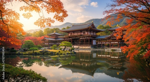 Ancient Asian temple on serene lake, framed by fiery autumn foliage, mountains in the distance