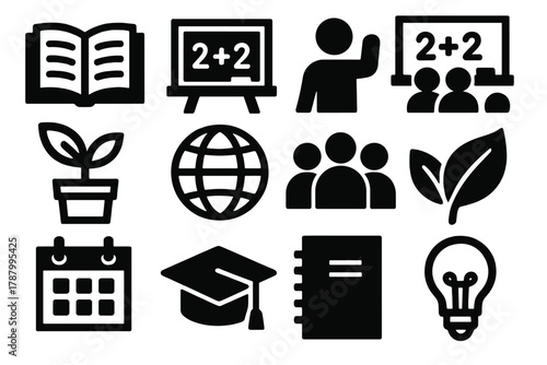 Environmental Study Icons. Educational Environmental Study silhouette icon set: open book, chalkboard, teacher icon, classroom, plant, globe, student group, leaf, calendar,