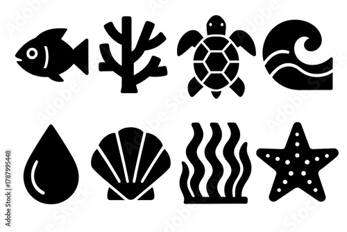 Marine Life Icons. Marine Biodiversity silhouette icon set: fish, coral, turtle, wave, droplet, shell, seaweed, starfish.