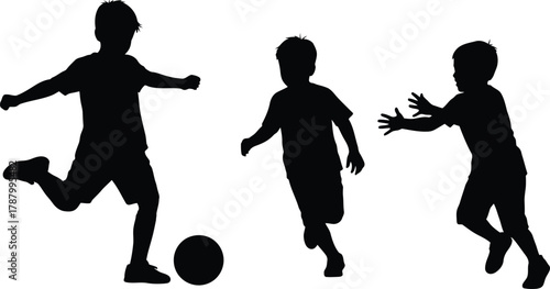 Silhouettes of three young boys playing soccer football Kicking running and catching action poses Simple black vector illustration of kids sports
