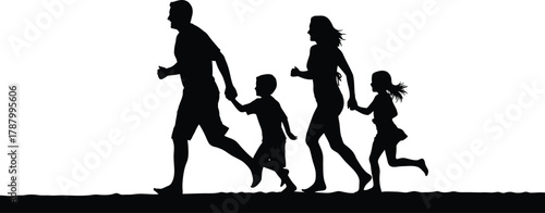 Family Running Silhouette Vector Illustration Parents and Two Children Jogging Together