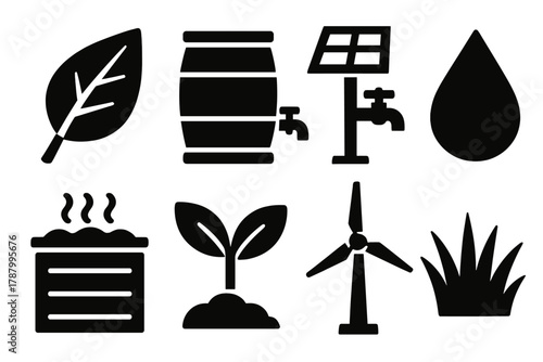 Sustainable Icons Set. Sustainable Landscaping silhouette icon set: leaf, rain barrel, solar lamp, water droplet, compost bin, plant sprout, wind turbine, grass patch.