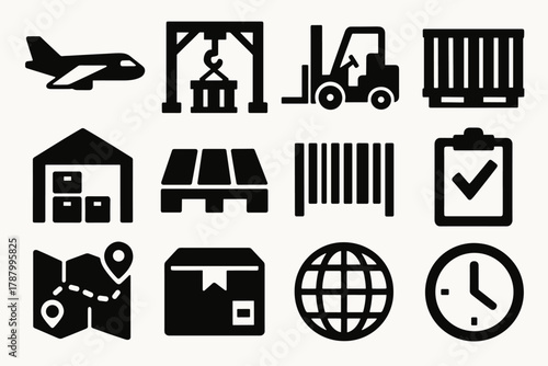 Airport Cargo Icons. Airport Cargo Handling silhouette icon set: airplane, crane, forklift, container, warehouse, pallet, barcode, clipboard, route map, package, globe, clock.