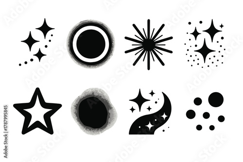 Brutalist Shimmer Icons. Soft Shimmer Icons silhouette icon set: sparkle trail, glowing ring, radiant burst, shimmer dust, luminous star, gentle glow, flare wave, sparkle dots