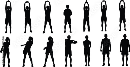 Fitness stretching and warm up exercise poses collection silhouettes Vector illustration of male and female bodies working out