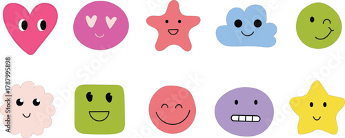 Cute Colorful Emoji Faces — Kawaii Vector Set of Smiling Cartoon Shapes for Kids and Design Projects