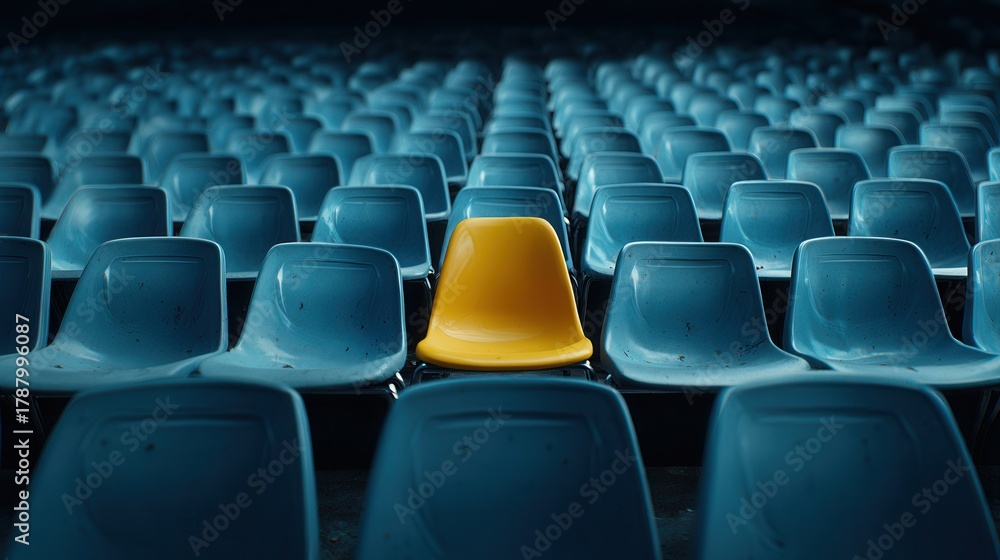Fototapeta premium Single yellow chair standing out among blue seats in an empty stadium, symbolizing individuality, dramatic lighting, realistic textures, cinematic composition, modern photography style.