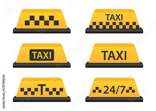 Taxi yellow white sign cab passenger urban carrier service. Taxi service icons set. Taxi signs. Stylish set of logos icons and stickers. Vector illustration