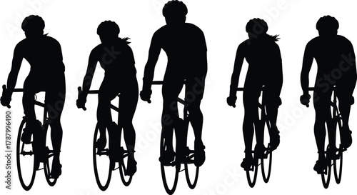 Five Cyclists Riding Road Bikes Silhouette Vector Graphic