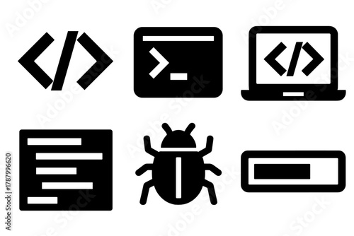 Brutalist Coding Icons. Coding silhouette icon set: code brackets, terminal screen, laptop with code, syntax lines, debugging bug icon, compile progress bar.