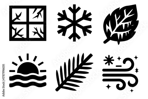 Winter Frost Icons. Winter Frost silhouette icon set: icy window, snowflake, frozen leaf, morning chill, pine branch, cold air.