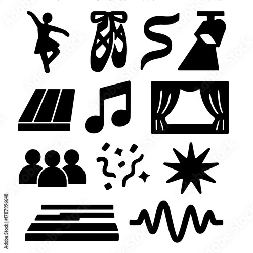 Brutalist Dance Icons. Dance Performance silhouette icon set: dancer silhouette, ballet shoes, ribbon, spotlight, stage floor, music note, movement lines, curtain, audience,