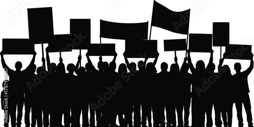 Protesting crowd silhouette with blank signs banners and flags demonstration rally vector illustration
