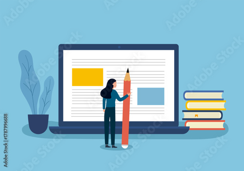 Copywriter freelance and blogger author create online article content concept vector illustration. Female writing web content on computer.