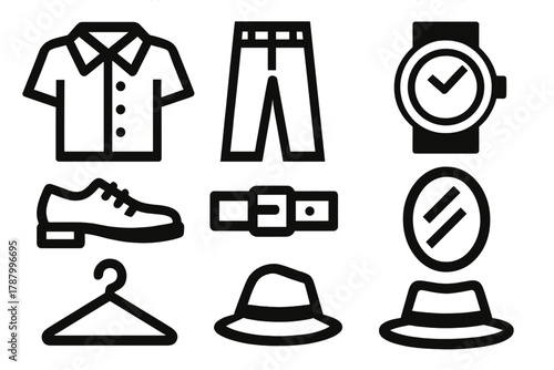 Brutalist Dressing Icons. Dressing Essentials silhouette icon set: shirt, pants, shoes, belt, watch, mirror, hanger, hat.