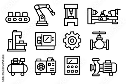 Industrial Machine Icons. Industrial Machinery linear icon set: conveyor, robotic arm, press machine, lathe, milling machine, CNC machine, gear, valve, compressor, generator,