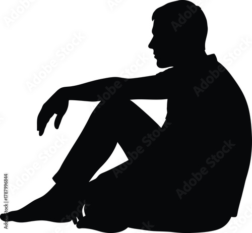Black silhouette vector of a thoughtful man sitting isolated on white background