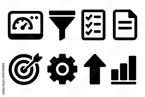 Bold Lead Management Icons. Lead Management silhouette icon set: dashboard, funnel, checklist, document, target, gear, upward arrow, bar chart.