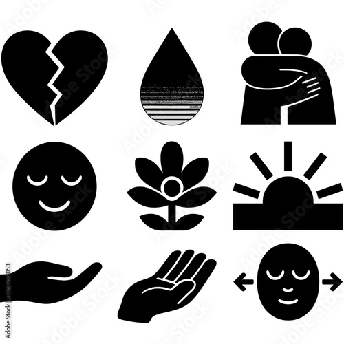 Emotional Healing Icons. Emotional Healing silhouette icon set: mended heart, tear drop fading, comforting hug, sunrise, calm face, letting go gesture, flower bloom, balanced