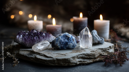 Winter solstice ritual, crystals, candles
