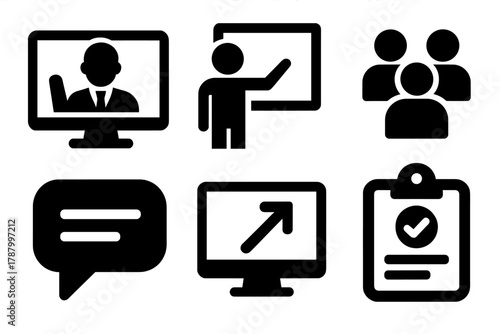 Bold Virtual Classroom Icons. Virtual Classroom silhouette icon set: teacher on video, whiteboard, student group, chat bubble, screen share, attendance icon.