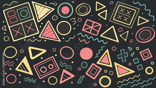 Memphis Geometric Pattern – Neon Outline Shapes on Dark Background (Vector)