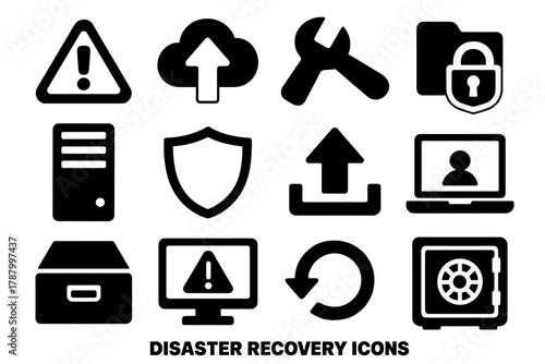 Disaster Recovery Icons. Disaster Recovery silhouette icon set: alert triangle, cloud backup, repair wrench, secure folder, server tower, shield icon, upload symbol, secure laptop,