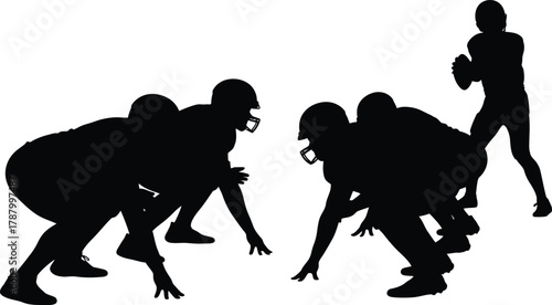 American Football Players Silhouette Vector Quarterback prepares to pass with linemen poised at the line of scrimmage