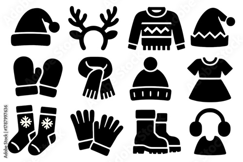 Festive Apparel Icons. Holiday Apparel silhouette icon set: Santa hat, reindeer antlers, Christmas sweater, mittens, wool scarf, elf hat, snowflake socks, pom-pom beanie, earmuffs,