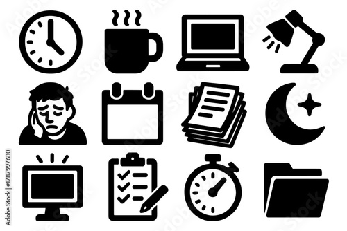 Overtime Essentials Icons. Overtime Concept silhouette icon set: clock with late hours, coffee mug, laptop, desk lamp, tired worker, calendar page, stack of papers, moon, glowing