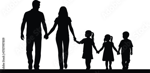 Family walking silhouette illustration parents holding hands with three children