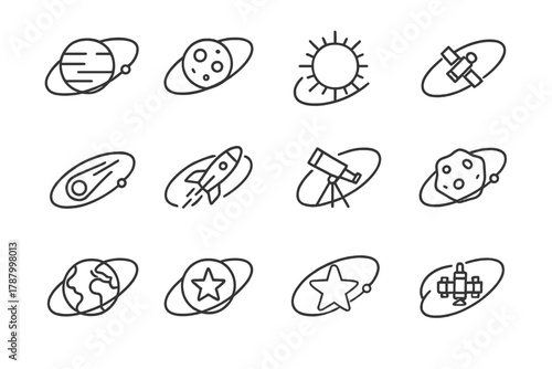 Celestial Bodies Icons. Orbits linear icon set: planet, moon, sun, satellite, comet, rocket, telescope, asteroid, orbit lines, earth, star, space station.