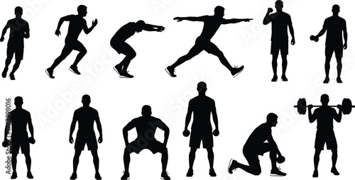 Fitness and Sport Male Silhouettes Set Training Running Jumping Lifting Weights Exercises Vector Icon Collection