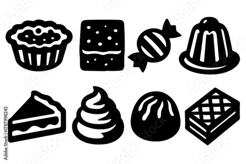 Brutalist Sweet Icons. Sweet Treats silhouette icon set: tart, brownie, candy, jelly, pie slice, cream puff, chocolate truffle, wafer.