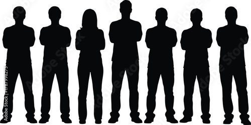 Group of Seven People Silhouettes Standing with Arms Crossed Vector Illustration