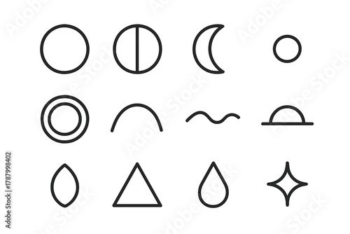Minimal Icon Collection. Minimal Duality linear icon set: circle, line divide, crescent, dot, gradient ring, curve, wave, horizon, petal, triangle, droplet, spark. , .