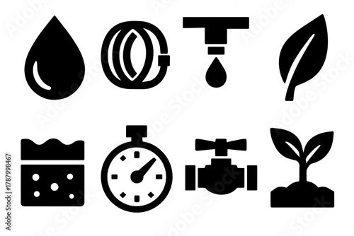 Brutalist Drip Icons. Drip Irrigation silhouette icon set: water droplet, tubing, nozzle, leaf, soil, timer, valve, plant.